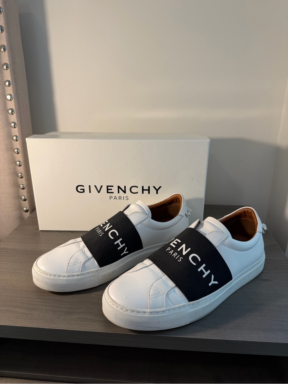 Givenchy White Leather Slip-Ons with Black Logo Band
